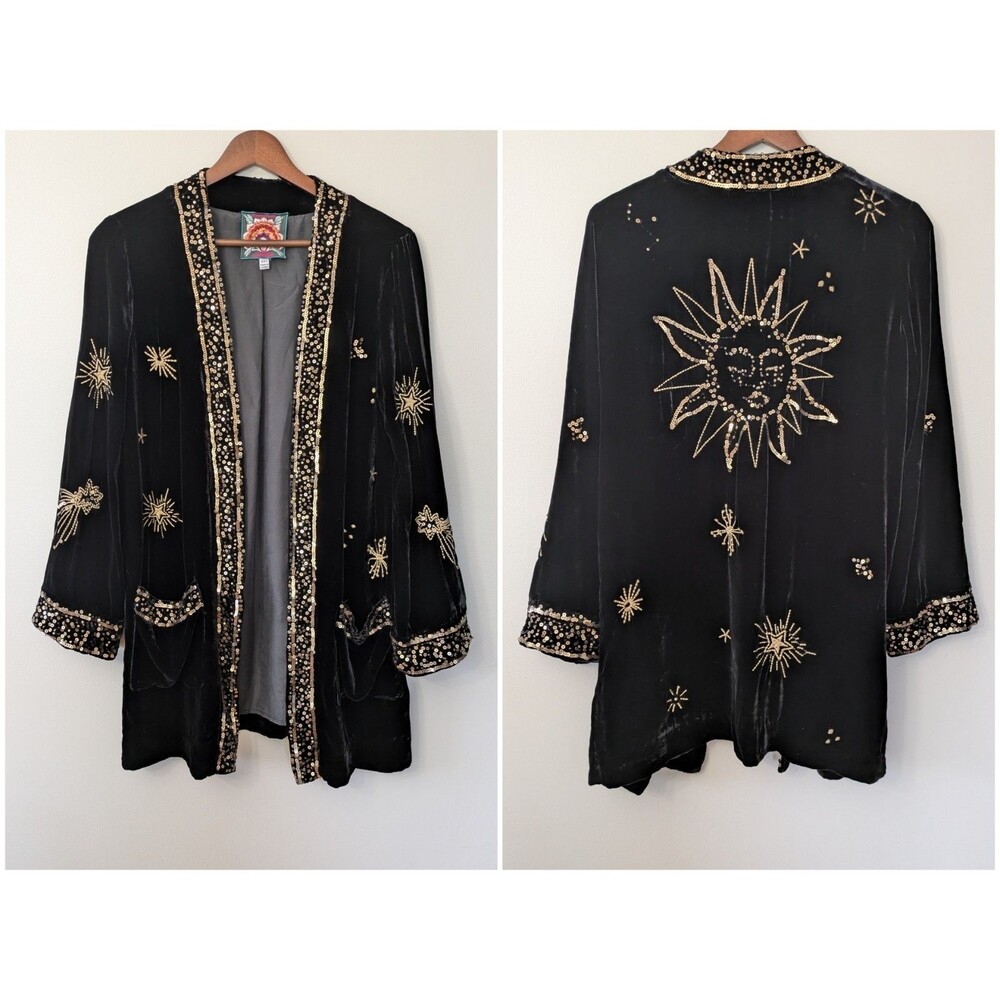 Johnny Was Aruna Velvet Robe Jacket XXS Embroidered Sun Stars Celestial Boho